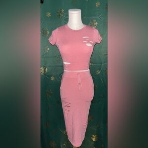Fashion Nova Pink 2 Piece Distressed Skirt Crop Top Set XS NWT